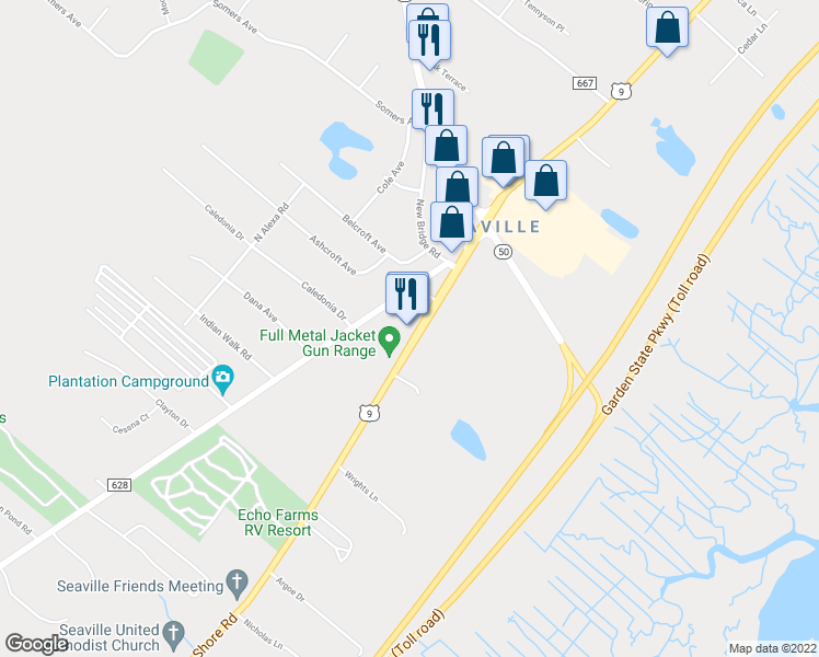 map of restaurants, bars, coffee shops, grocery stores, and more near 3016 Shore Road in Cape May County