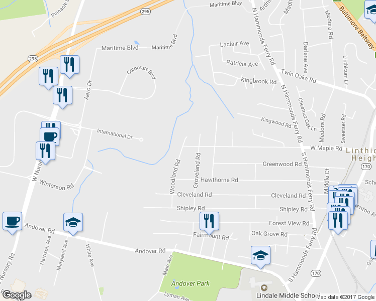 map of restaurants, bars, coffee shops, grocery stores, and more near 705 West Maple Road in Linthicum Heights