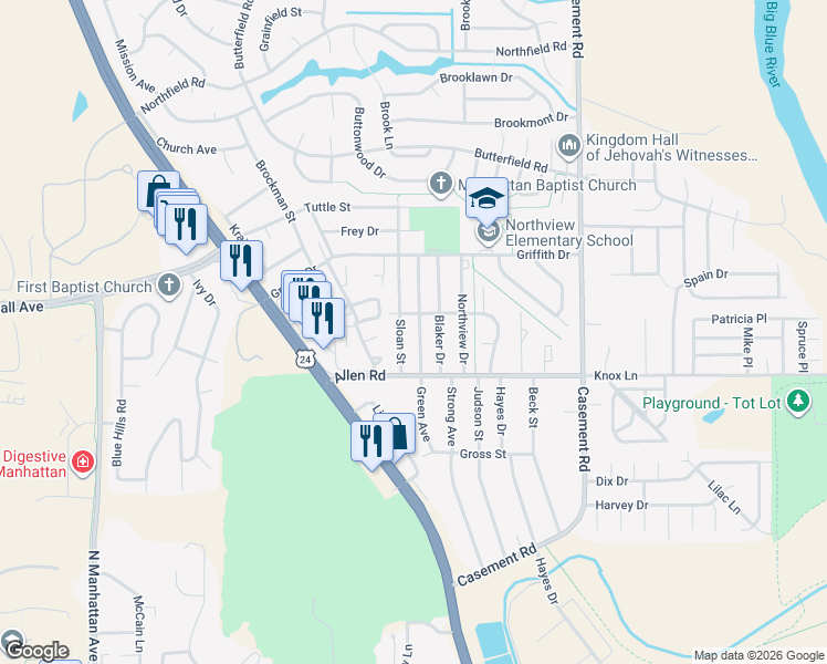 map of restaurants, bars, coffee shops, grocery stores, and more near 2129 Green Avenue in Manhattan
