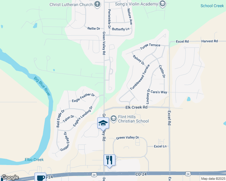 map of restaurants, bars, coffee shops, grocery stores, and more near 2012 Timber Creek Drive in Manhattan