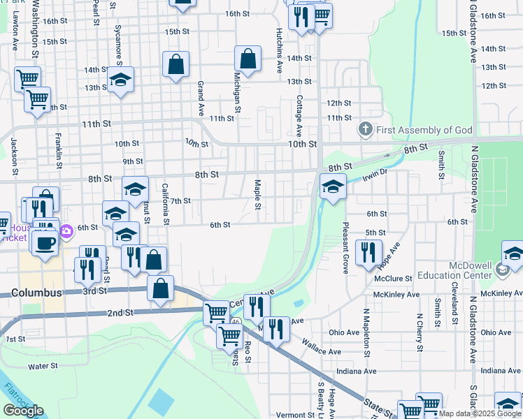 map of restaurants, bars, coffee shops, grocery stores, and more near 625 Maple Street in Columbus