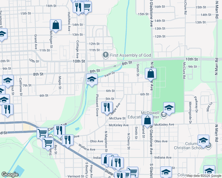 map of restaurants, bars, coffee shops, grocery stores, and more near 2106 6th Street in Columbus