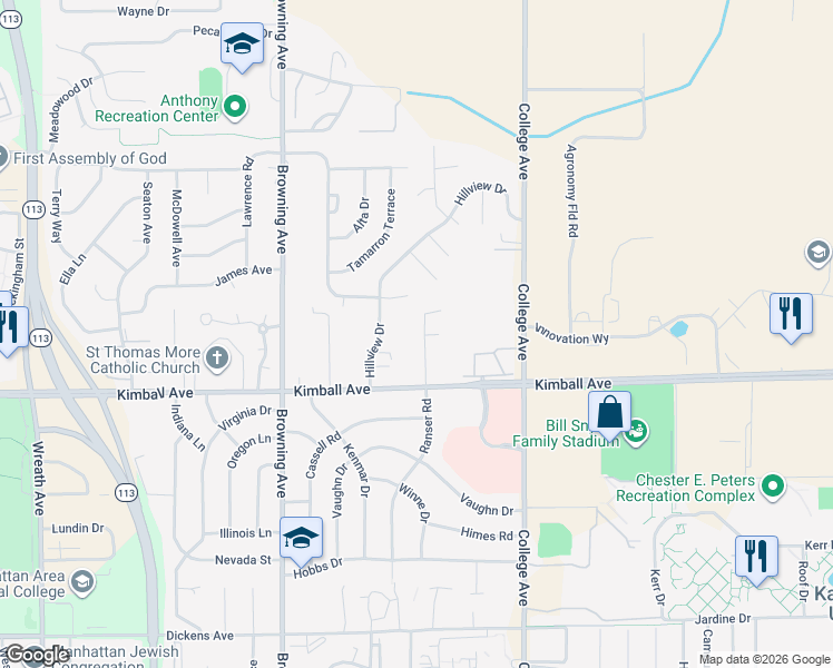 map of restaurants, bars, coffee shops, grocery stores, and more near 2024 Hillview Drive in Manhattan