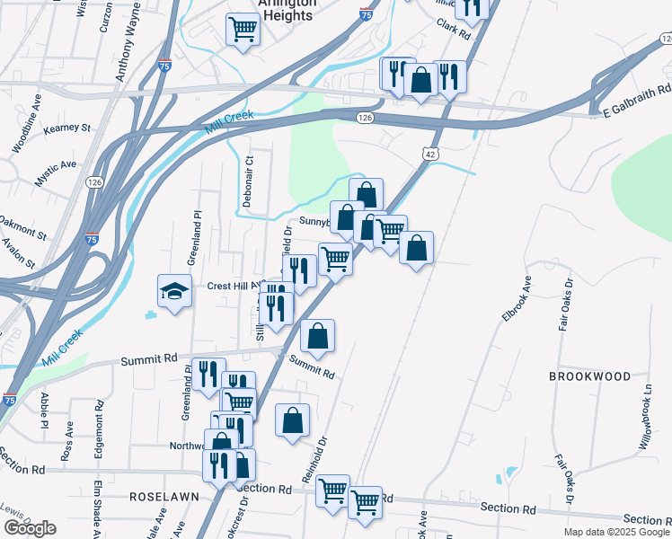 map of restaurants, bars, coffee shops, grocery stores, and more near 7849 Reading Road in Cincinnati