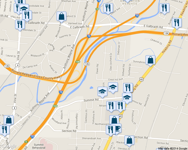 map of restaurants, bars, coffee shops, grocery stores, and more near 7815 Dawn Road in Cincinnati