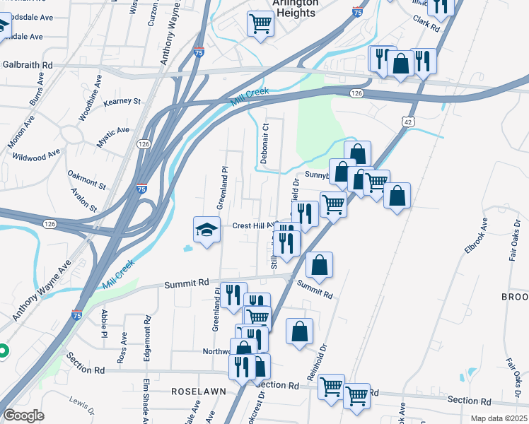 map of restaurants, bars, coffee shops, grocery stores, and more near 7826 Newbedford Avenue in Cincinnati