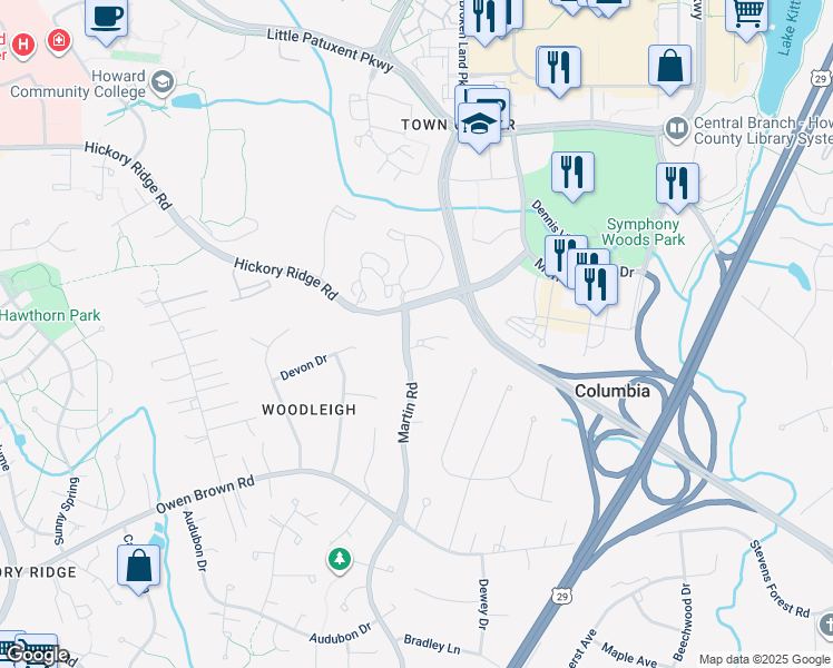 map of restaurants, bars, coffee shops, grocery stores, and more near 6200 Ashton Park Court in Columbia