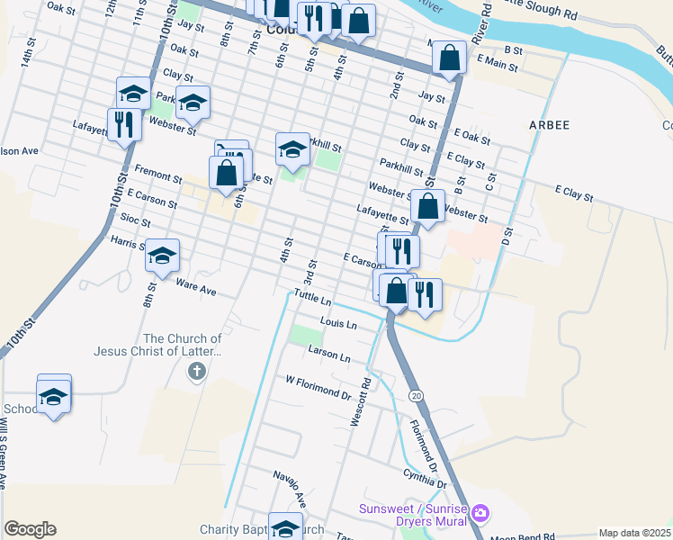 map of restaurants, bars, coffee shops, grocery stores, and more near 1042 2nd St in Colusa