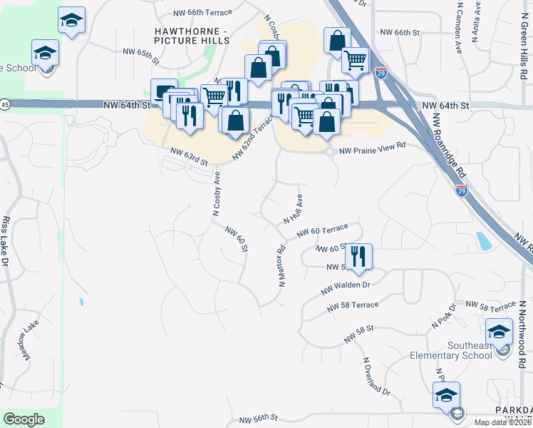 map of restaurants, bars, coffee shops, grocery stores, and more near 6109 North Mattox Road in Kansas City