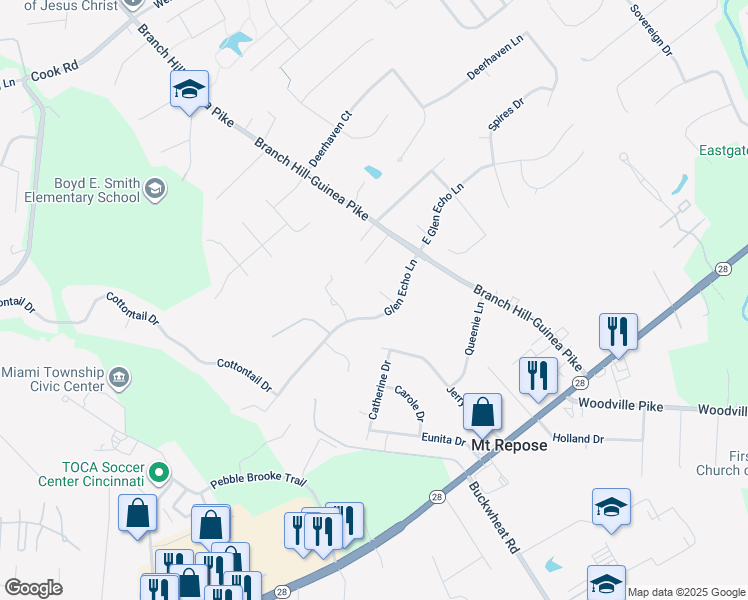 map of restaurants, bars, coffee shops, grocery stores, and more near 6094 Drum Hill Lane in Milford