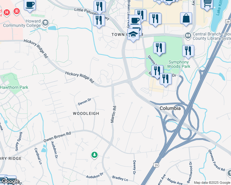 map of restaurants, bars, coffee shops, grocery stores, and more near 6200 Ashton Park Court in Columbia