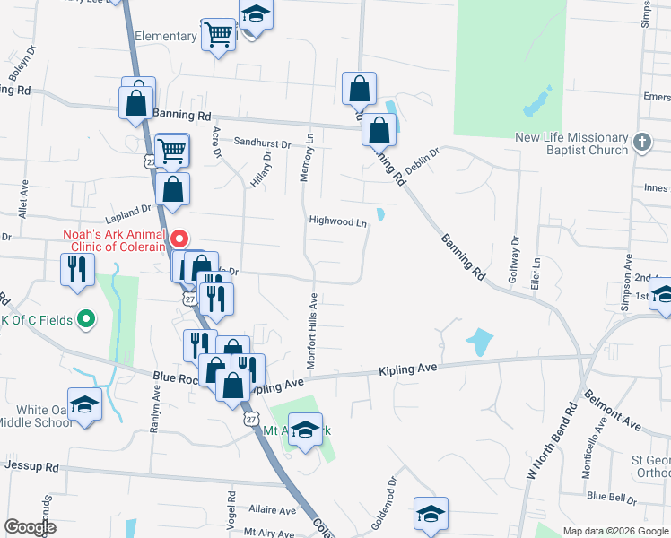 map of restaurants, bars, coffee shops, grocery stores, and more near 2565 Highgrove Court in Cincinnati