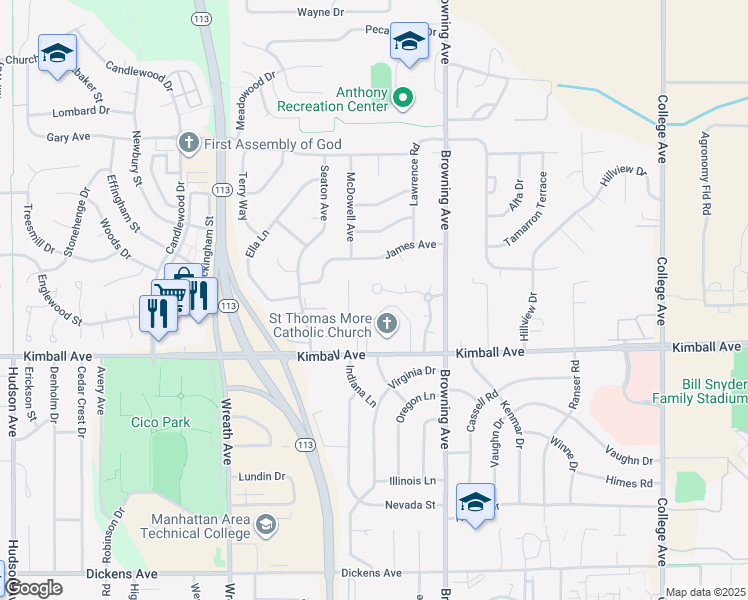 map of restaurants, bars, coffee shops, grocery stores, and more near 2845 Kelly Drive in Manhattan