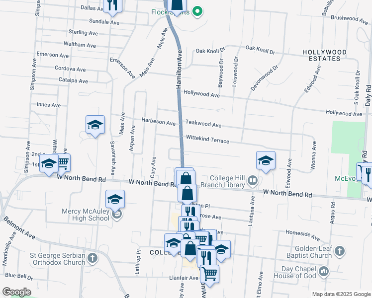 map of restaurants, bars, coffee shops, grocery stores, and more near 6300 Hamilton Avenue in Cincinnati
