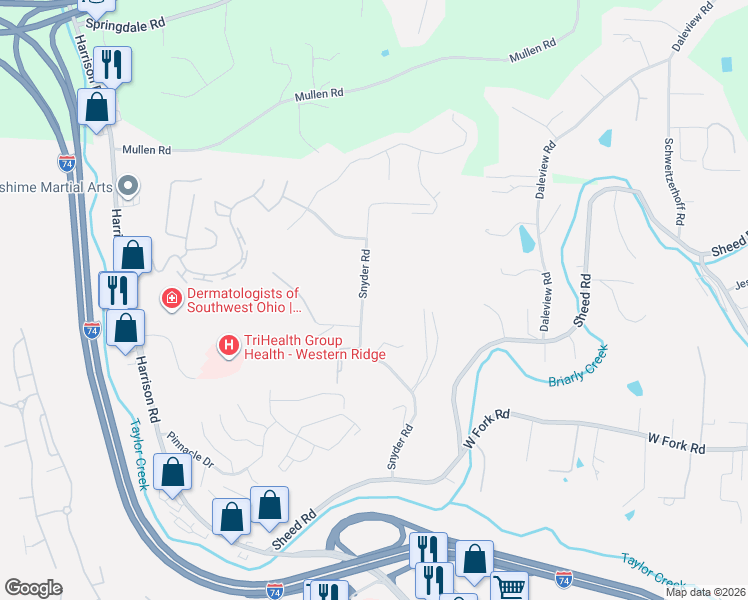 map of restaurants, bars, coffee shops, grocery stores, and more near 6004 Snyder Road in Cincinnati