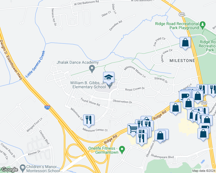 map of restaurants, bars, coffee shops, grocery stores, and more near 12615 Royal Crown Drive in Germantown