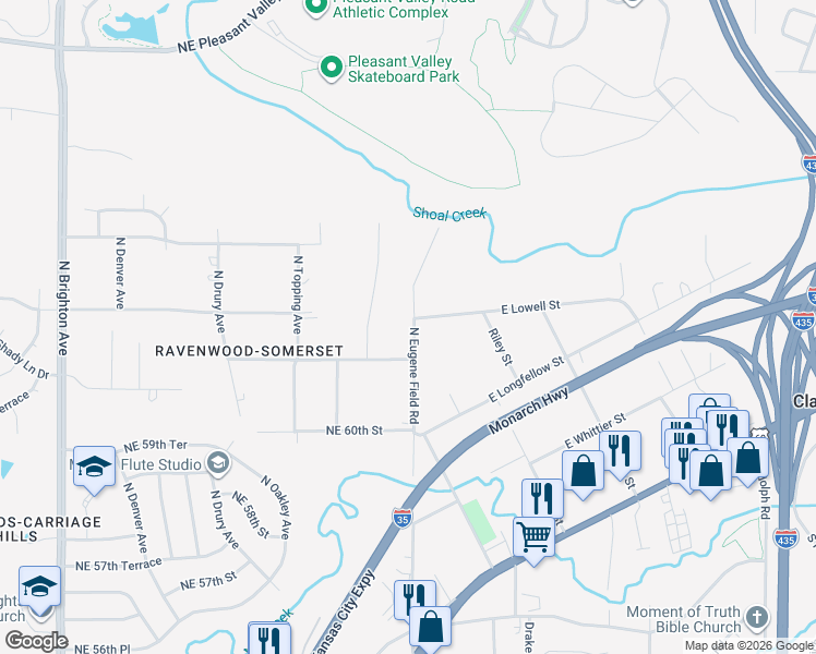 map of restaurants, bars, coffee shops, grocery stores, and more near 6130 North Eugene Field Road in Kansas City