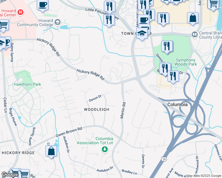 map of restaurants, bars, coffee shops, grocery stores, and more near 6208 Devon Drive in Columbia
