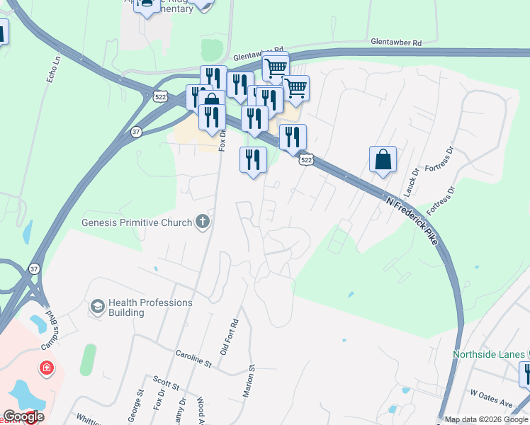 map of restaurants, bars, coffee shops, grocery stores, and more near 106 Rugby Place in Winchester