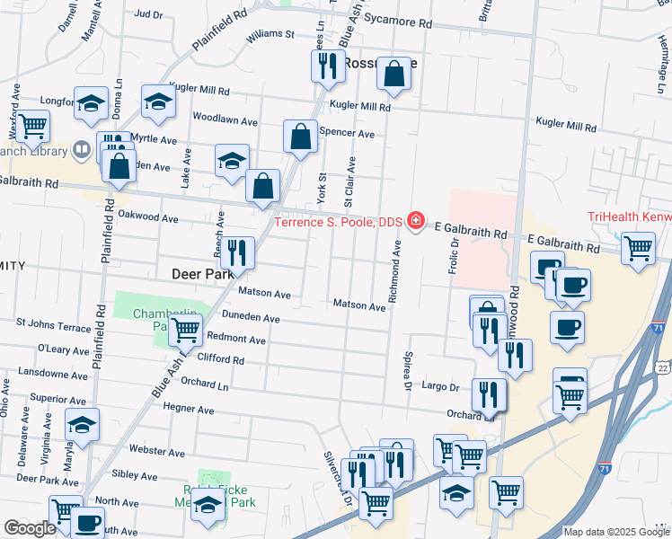 map of restaurants, bars, coffee shops, grocery stores, and more near 8004 Camner Avenue in Cincinnati