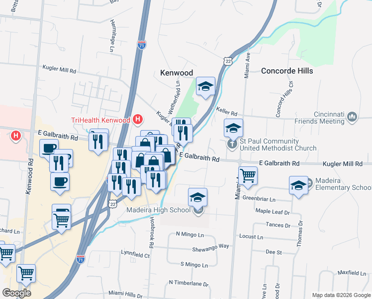 map of restaurants, bars, coffee shops, grocery stores, and more near 8220 U.S. 22 in Cincinnati