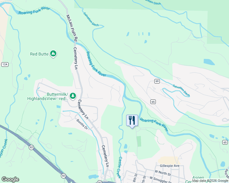 map of restaurants, bars, coffee shops, grocery stores, and more near 1195 Black Birch Drive in Aspen