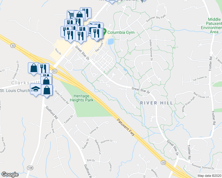 map of restaurants, bars, coffee shops, grocery stores, and more near 6134 White Marble Court in Clarksville