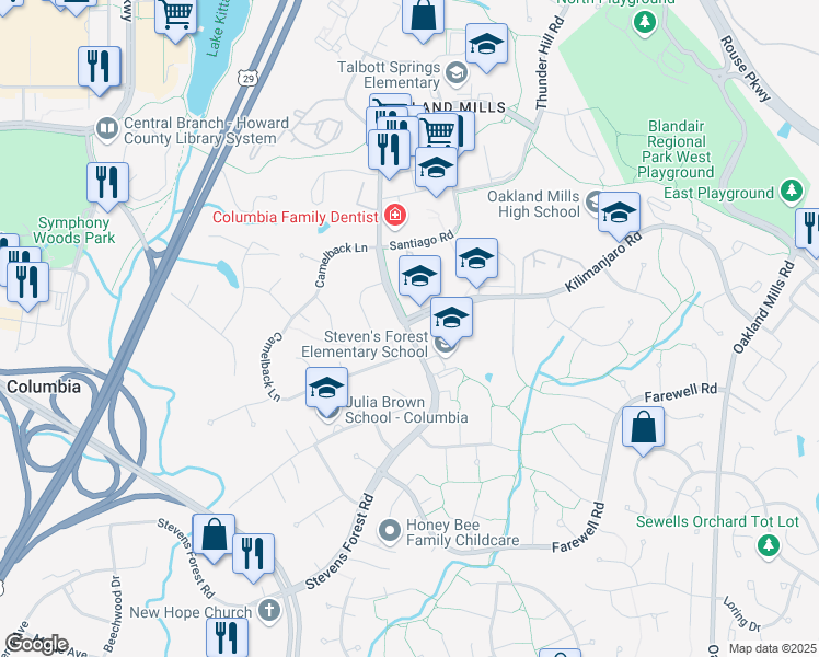 map of restaurants, bars, coffee shops, grocery stores, and more near 6045 Stevens Forest Road in Columbia