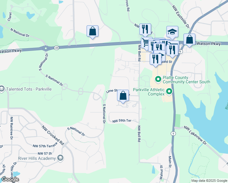 map of restaurants, bars, coffee shops, grocery stores, and more near 9525 Lime Stone Road in Parkville