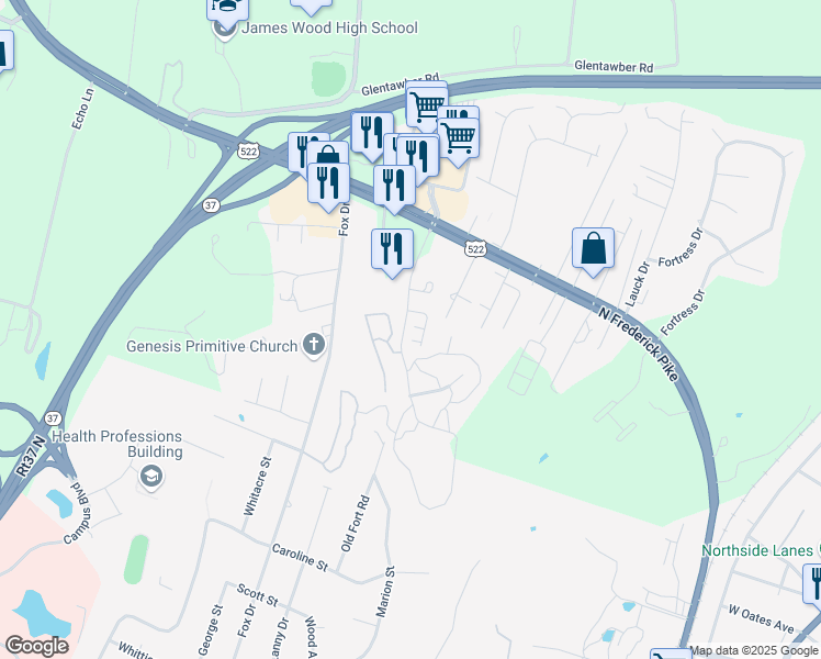map of restaurants, bars, coffee shops, grocery stores, and more near 106 Rugby Place in Winchester