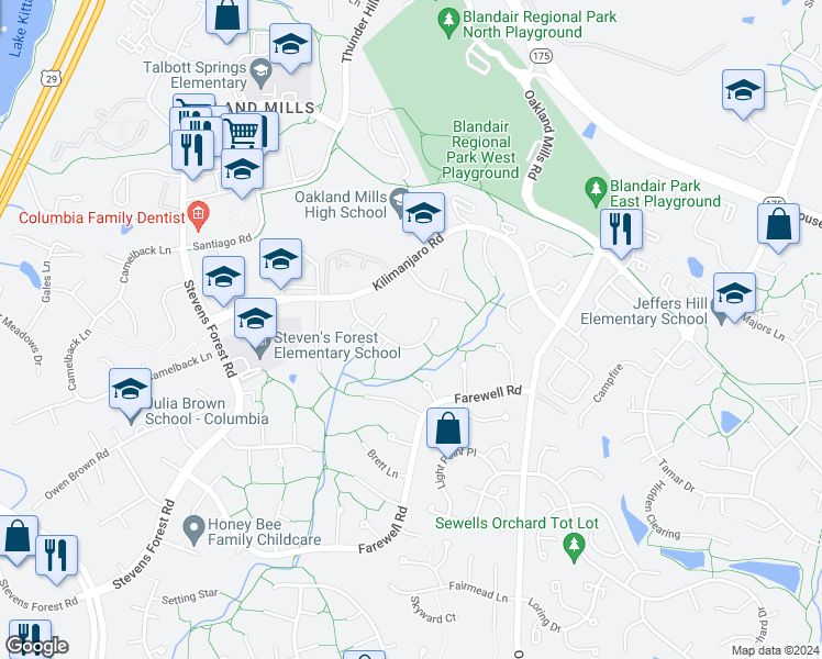 map of restaurants, bars, coffee shops, grocery stores, and more near 9497 Good Lion Road in Columbia