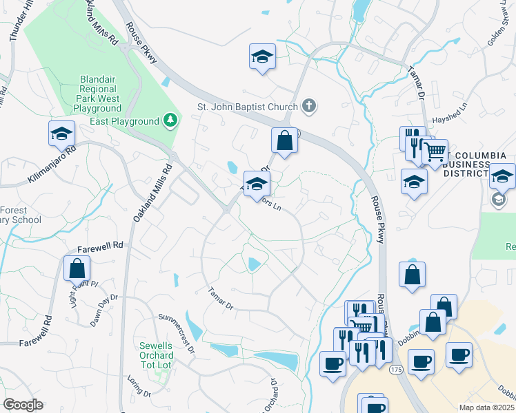 map of restaurants, bars, coffee shops, grocery stores, and more near 6001 Tamar Drive in Columbia
