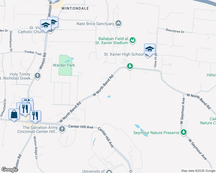 map of restaurants, bars, coffee shops, grocery stores, and more near 741 West North Bend Road in Cincinnati