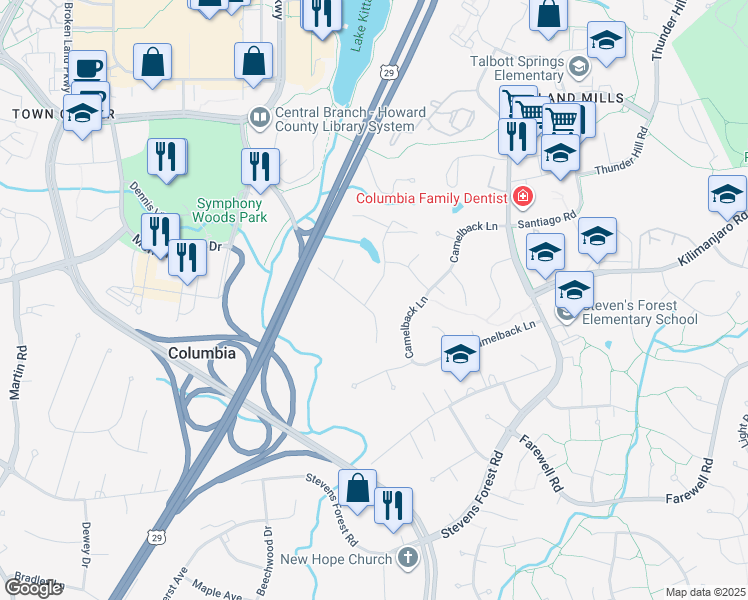 map of restaurants, bars, coffee shops, grocery stores, and more near 5985 Gales Lane in Columbia