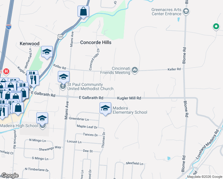 map of restaurants, bars, coffee shops, grocery stores, and more near 8139 Deerpath in Cincinnati