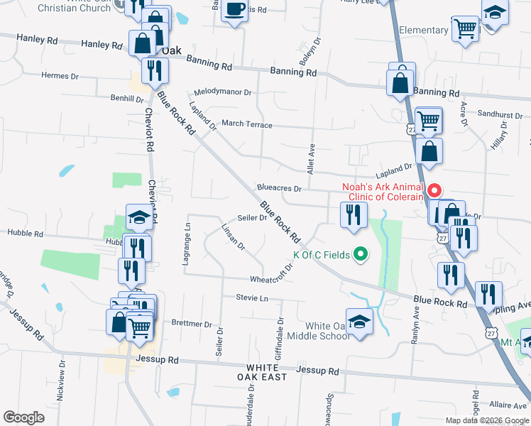 map of restaurants, bars, coffee shops, grocery stores, and more near 3325 Blue Rock Road in Cincinnati