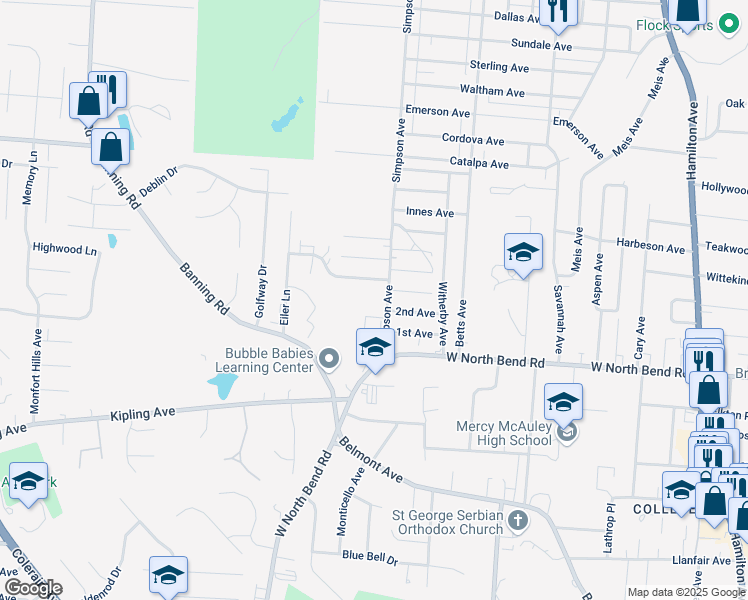 map of restaurants, bars, coffee shops, grocery stores, and more near 6256 Simpson Avenue in Cincinnati