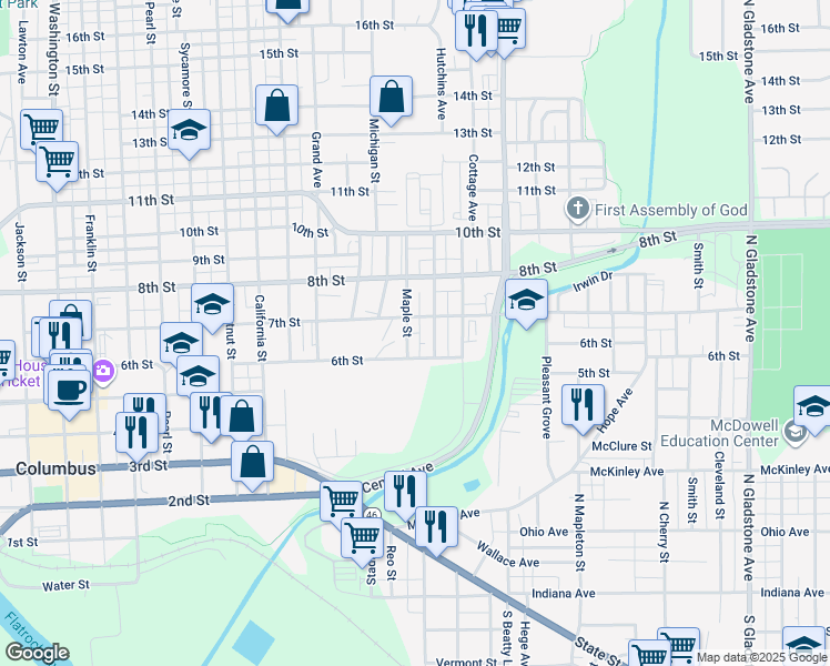 map of restaurants, bars, coffee shops, grocery stores, and more near 625 Maple Street in Columbus