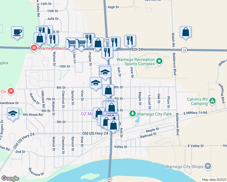 map of restaurants, bars, coffee shops, grocery stores, and more near 722 Lincoln Avenue in Wamego