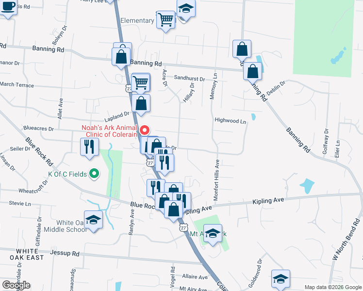 map of restaurants, bars, coffee shops, grocery stores, and more near 2730 Byrneside Drive in Cincinnati