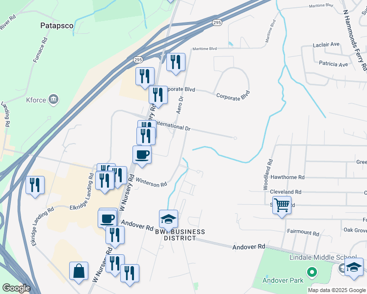 map of restaurants, bars, coffee shops, grocery stores, and more near 1099 Winterson Road in Linthicum Heights