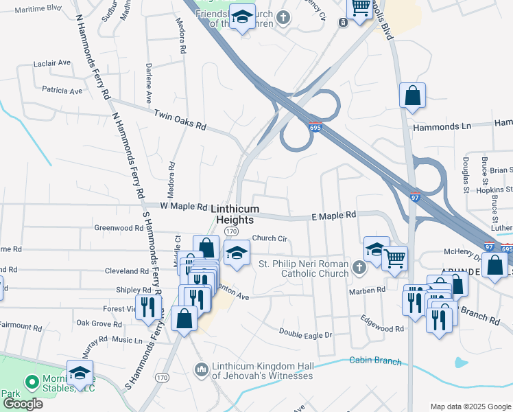 map of restaurants, bars, coffee shops, grocery stores, and more near 101 Catalpa Road in Linthicum Heights