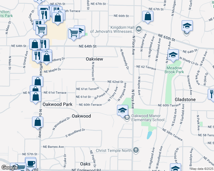 map of restaurants, bars, coffee shops, grocery stores, and more near 6104 North Forest Avenue in Kansas City