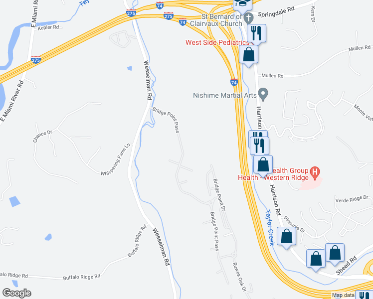 map of restaurants, bars, coffee shops, grocery stores, and more near 7512 Bridge Point Pass in Cincinnati