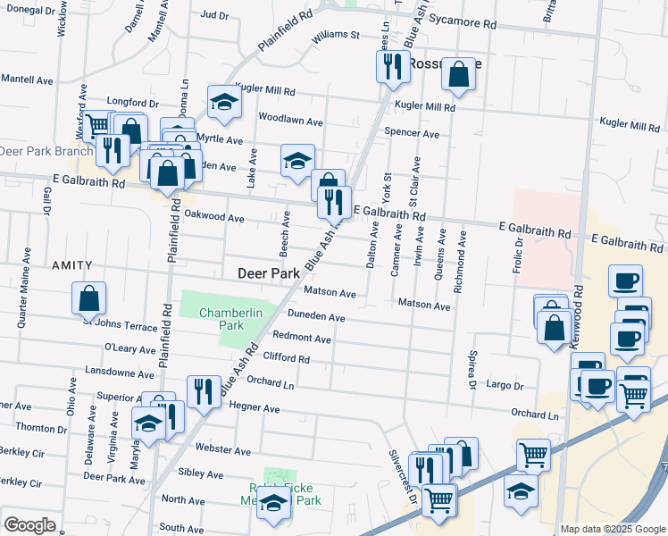 map of restaurants, bars, coffee shops, grocery stores, and more near 4355 Schenck Avenue in Cincinnati