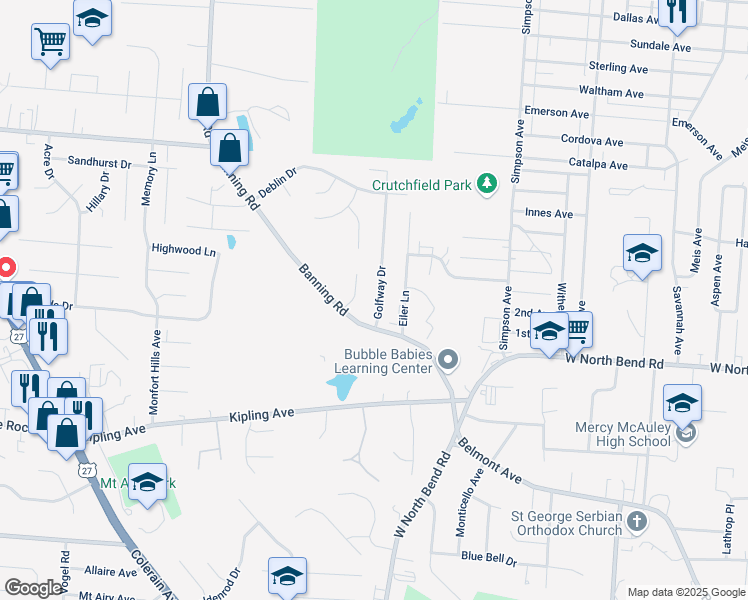 map of restaurants, bars, coffee shops, grocery stores, and more near 6425 Golfway Drive in Cincinnati