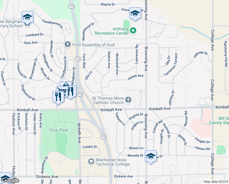 map of restaurants, bars, coffee shops, grocery stores, and more near 2029 Shirley Lane in Manhattan