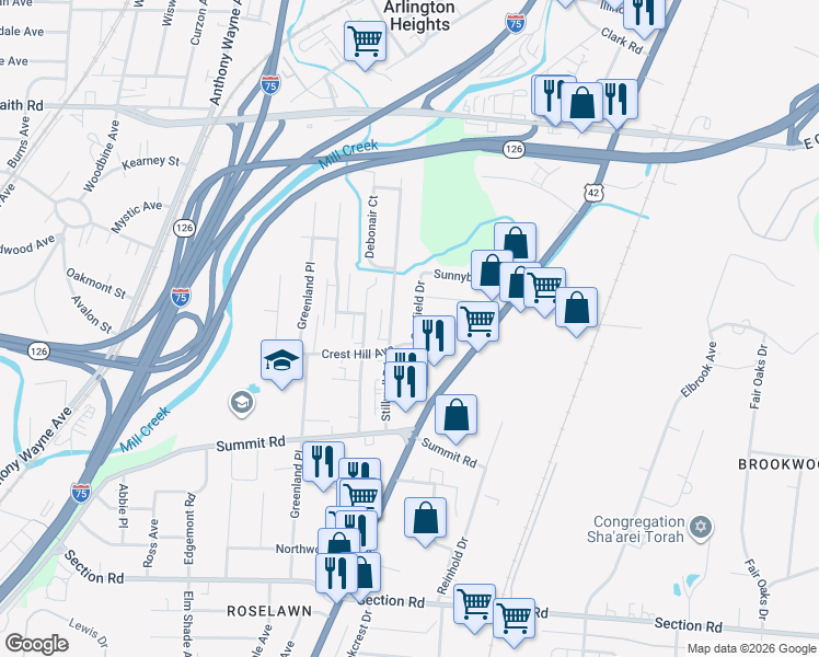 map of restaurants, bars, coffee shops, grocery stores, and more near 7837 Sunfield Dr in Cincinnati
