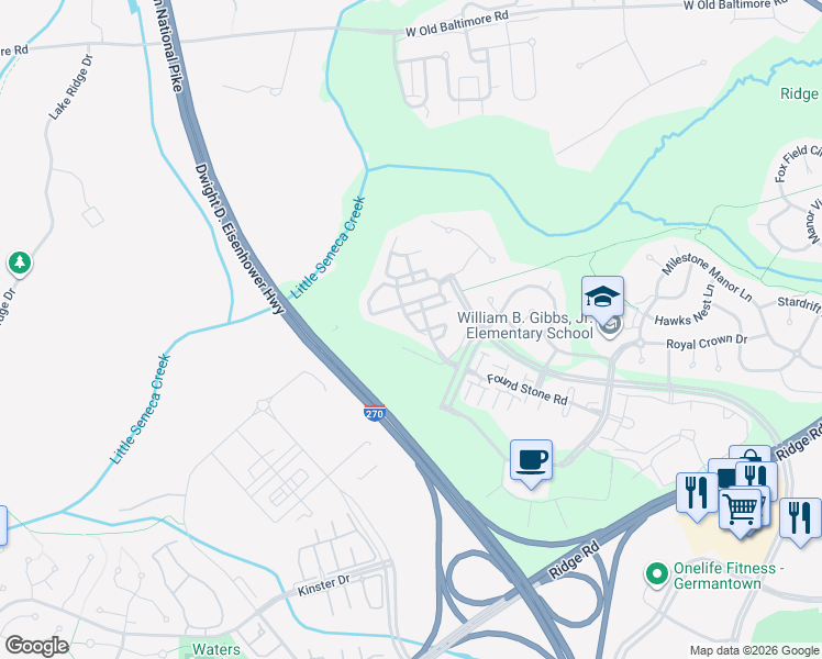 map of restaurants, bars, coffee shops, grocery stores, and more near 12926 Boggy Trail Way in Germantown