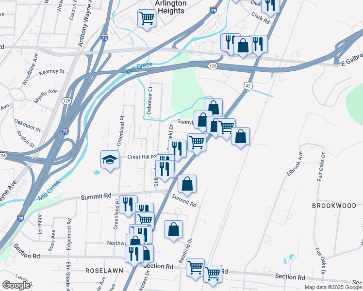 map of restaurants, bars, coffee shops, grocery stores, and more near 1821 Colmar Lane in Cincinnati